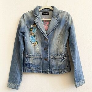 LMD Embroidered Denim Jacket  Floral Design 100% Cotton Pockets Boho‎ Distressed